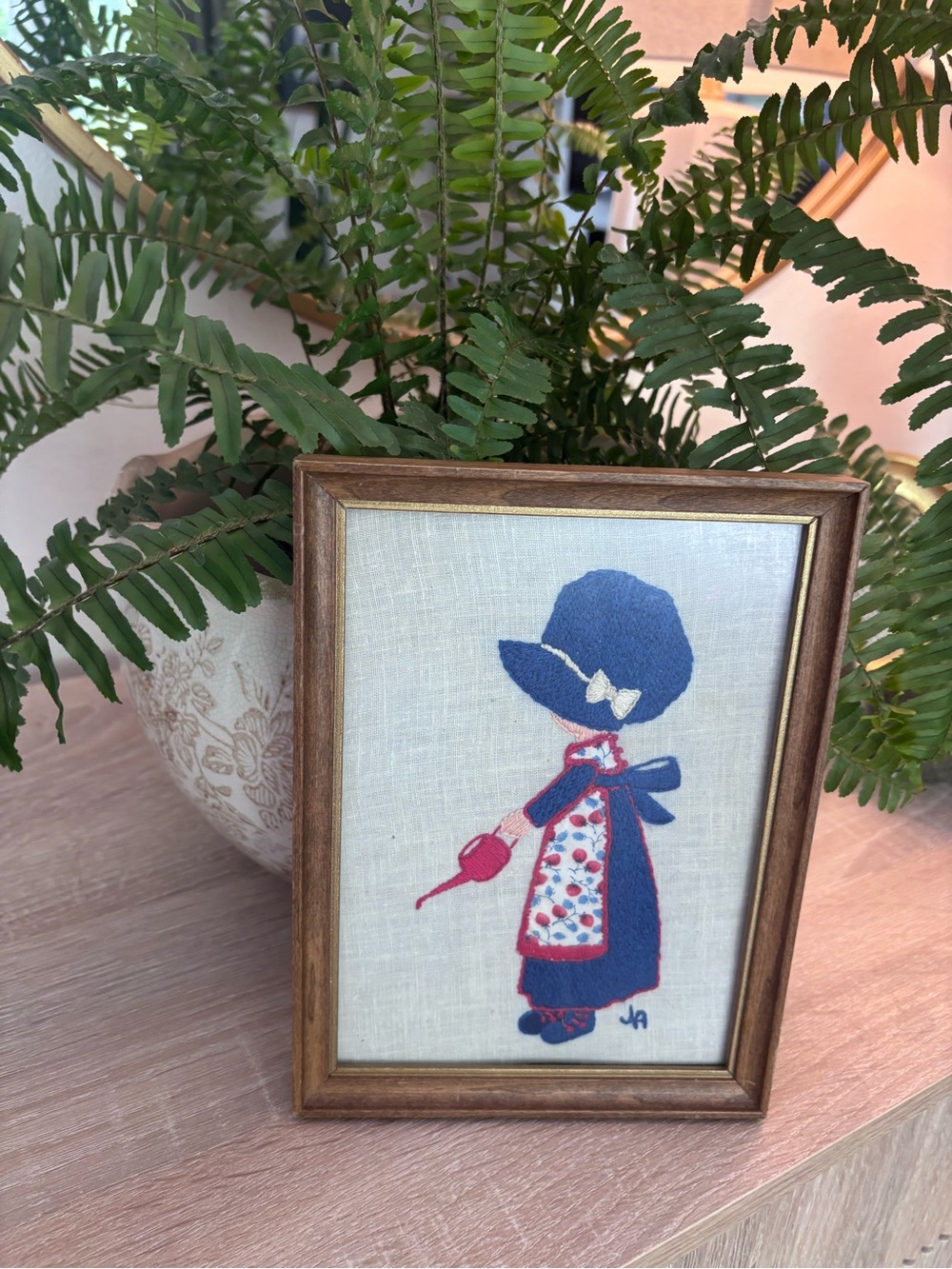 Framed Embroidered Holly Hobby Girl in Blue Dress and Hat